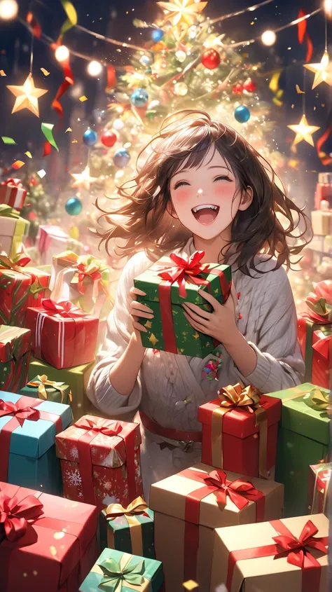 realistic, A festive scene featuring a girl surrounded by numerous small Christmas gifts, each wrapped in different patterns and...