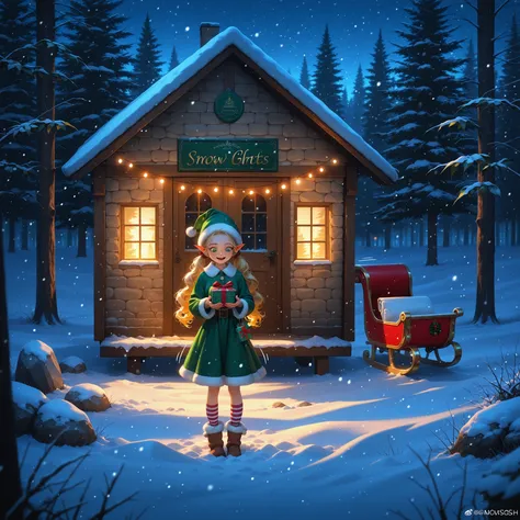 pointy ears,green headwear, striped socks, dress, belt, fur trim,1 girl, blonde hair, curls on the sides of the face, long hair,...