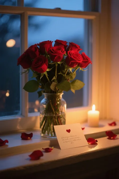Romantic anonymous surprise: a beautiful bouquet of red roses in a vase, accompanied by a single unsigned love letter, mysteriou...