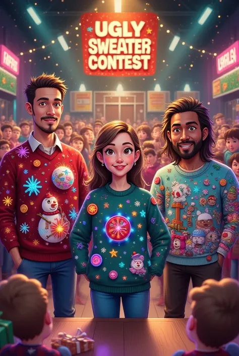A whimsical illustration showcases a vibrant "Ugly Sweater Contest" scene. The focal point is a diverse group of participants, r...