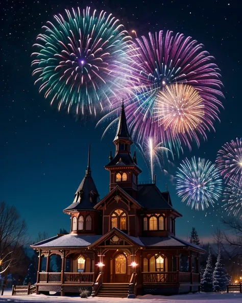 victorian,最High Qualityな、8k、High Quality、A gift from a stranger、Fantasically color the night sky with spectacular winter firewor...