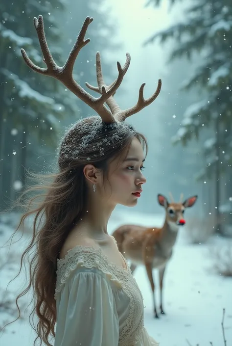 A girl with deer horns in a snowy new forest and a red-nosed deer in the background 