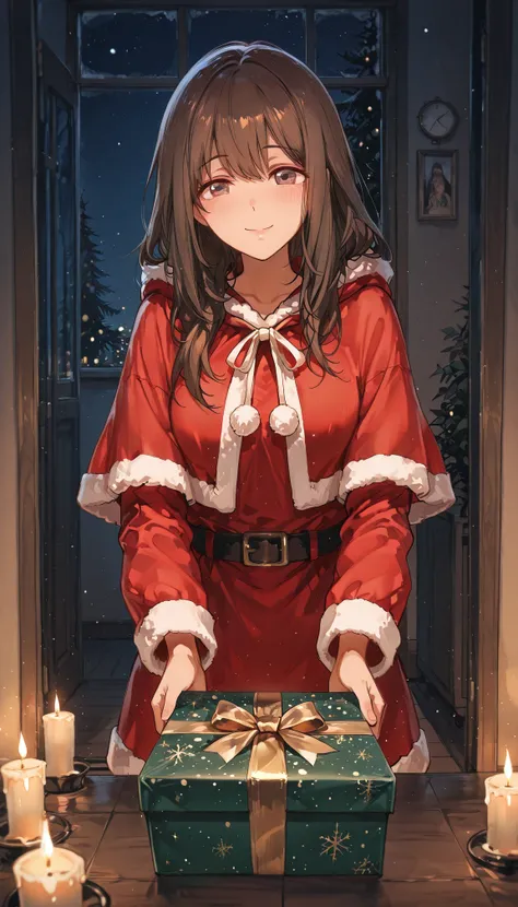 anime style,best image quality,one's home, womanhood(Brown,long hair,slender,Santa costume(A glimpse of the chest), her hand...