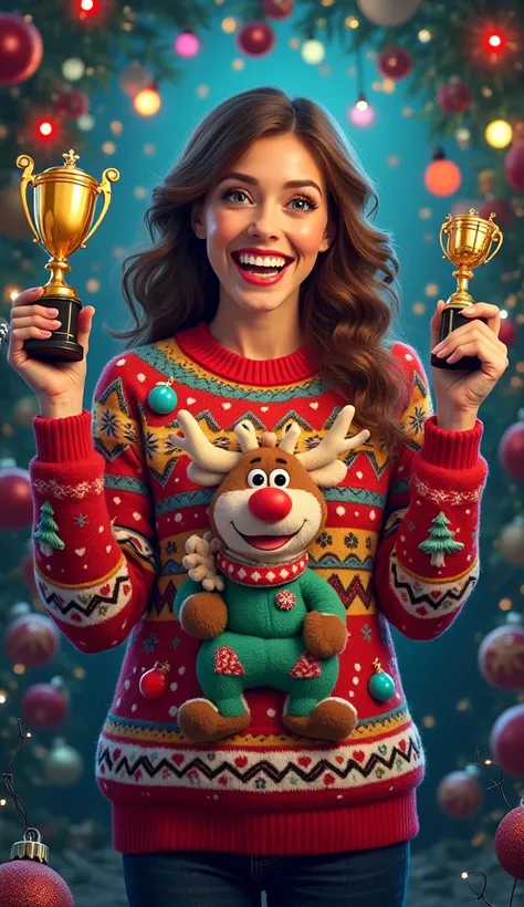 Estilo realista. Woman wearing an extremely ugly sweater, adorned with exaggerated elements like plastic eyes, bolas de natal, p...