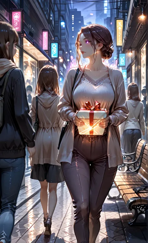 mature female, milf, motherly,masterpiece, best quality, lone gift on city bench, glowing light from inside package, motion blur...