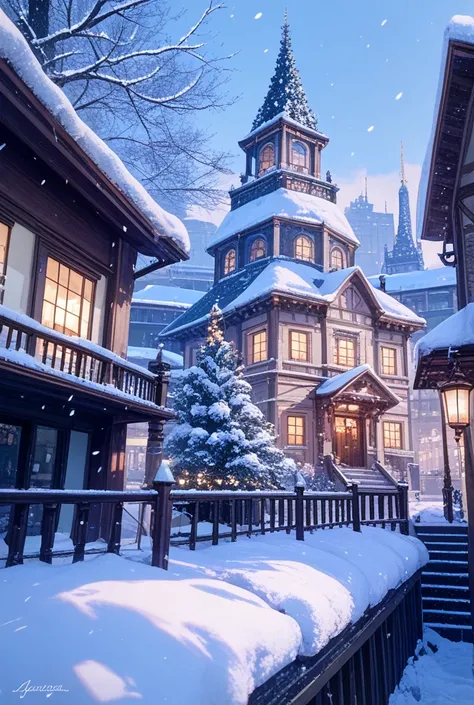 Make a complex rooftop holiday display light featuring me on top of a building, with a snowy city night background, shot on 35mm...