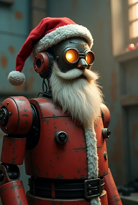 Un antiguo robot Rusty con estética de Papá Noel yace inerte en un taller olvidado, Covered in dust, cobwebs and rust. Its metal...