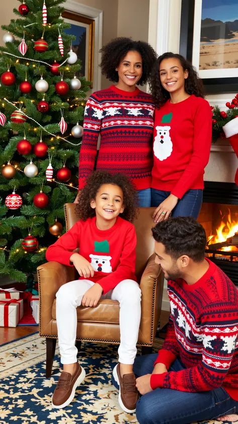 Christmas Eve, family wearing ugly Christmas pullovers, festive home interior, cozy fireplace, Christmas tree with ornaments, wa...