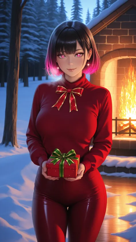 busty woman, tight Christmas present, photorealistic, 8K, highly detailed, ultra-detailed, sharp focus, professional, vivid colo...