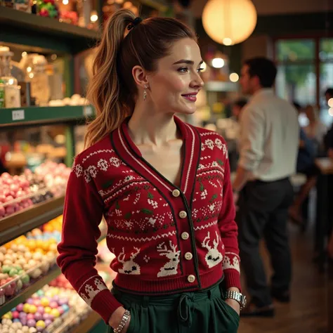 A dynamic photograph of a muscular young woman window-shopping in a cozy candy store, channelling the presence of a young action...