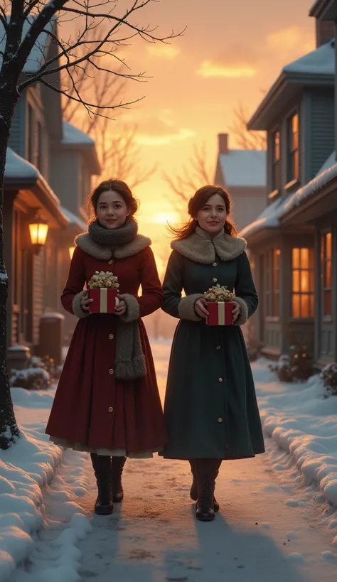 19th-century servants walking home happily in winter clothing, small gift boxes in hand, peaceful street, warm sunset lighting.”