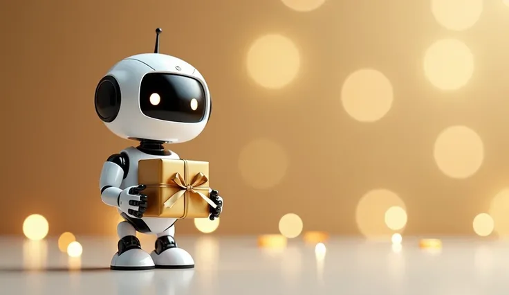 Cute compact white robot holding a wrapped gold present, front-facing pose with gentle friendly expression, abstract festive bac...