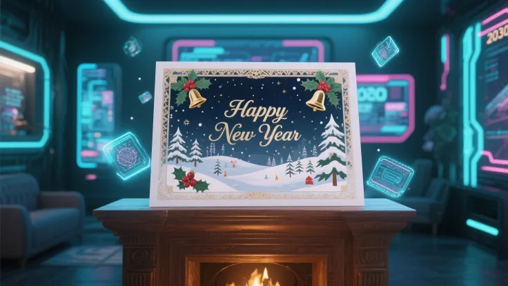 A highly detailed static image of a New Year's greeting card centered exactly in the middle of the frame, occupying the same fix...