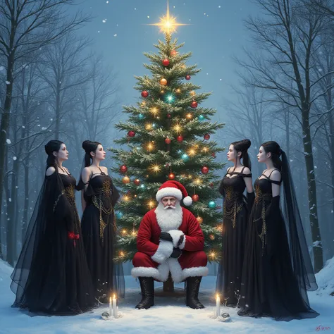 Santa Claus surrounded by black snow maidens at the New Year tree