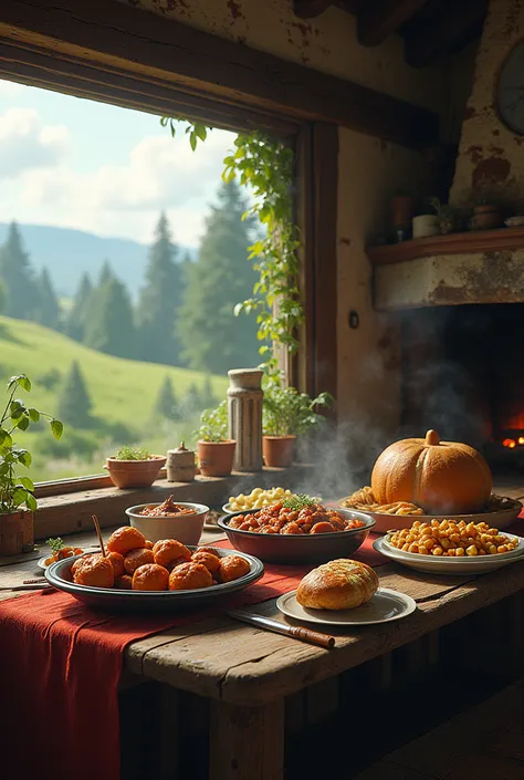 A picture of an old house where food was placed on the table