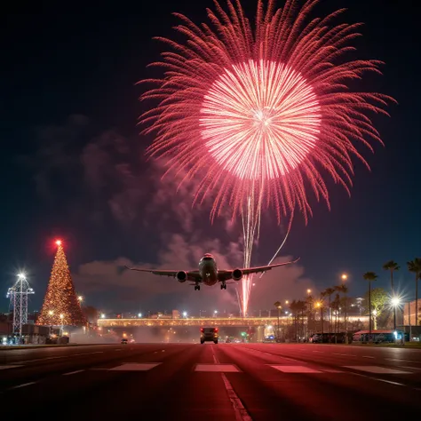 402 / 10000
580Ultra-detailed cinematic image of a large passenger aircraft taking off on New Year's Eve from a brightly lit run...