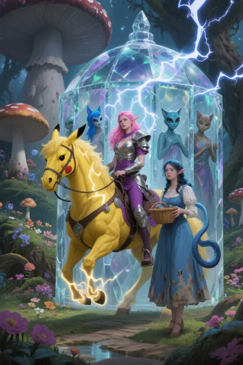 A powerful, imposing hybrid: A **Pikachu horse** big and muscular, with electric yellow fur, con la cara característica de Pikac...