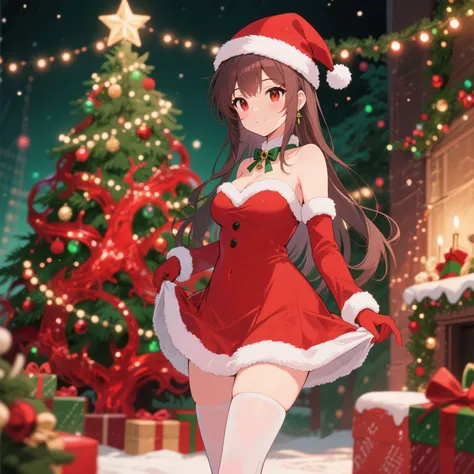 Alone, Kasane Teto girl, Christmas costume, Christmas hat,big thighs, big breasts, flirtatious face, loose and loose clothing, C...