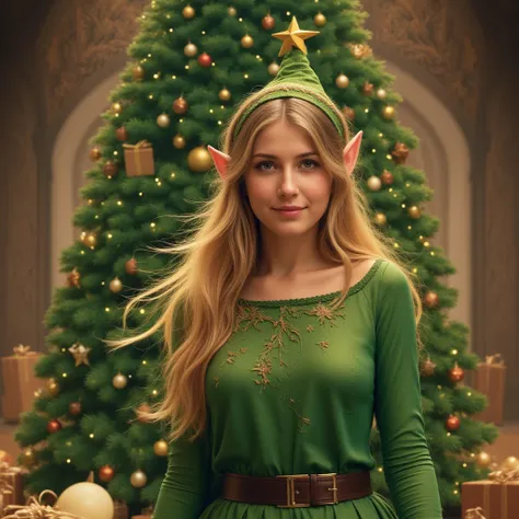 woman in an elf costume with blond hair with a Christmas tree in the background