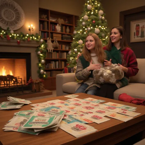 Make a picture where there will be tickets for excursions and a lot of cash on the table in a house that is decorated for the Ne...