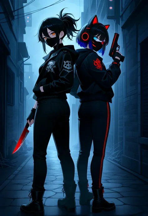 score_9, score_8_up, score_7_up, 2girls, back to back, gangster poses, night alleyway, foggy, mysterious, ominous. Girl 1: black...