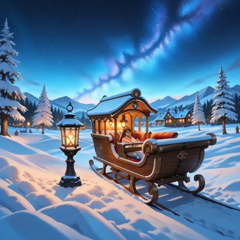 (masterpiece:1.2), (best quality:1.4), (8k:1.1), anime style, wide landscape shot, a couple lies together on a wooden sleigh in ...