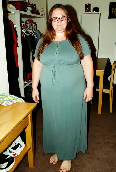 Middle age woman with long brown hair, glasses, fat, plump,ugly, wearing a long ankle length dress. inside a small apartment cov...
