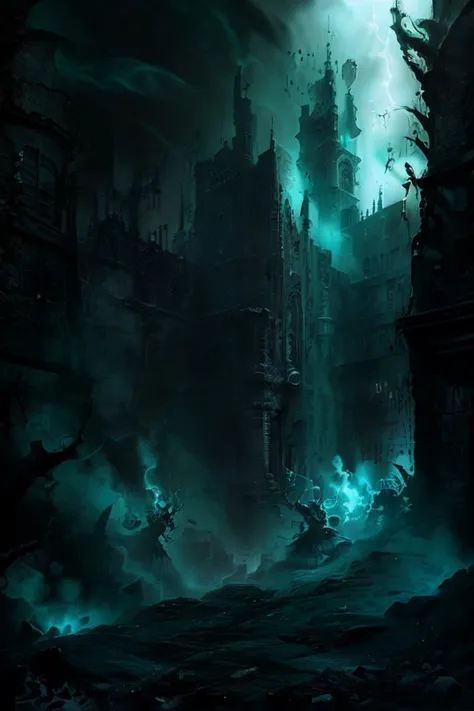 a dark, brooding gothic nightclub, moody lighting, high ceilings, brick walls, gothic arches, skulls, candelabras, fog machine, ...