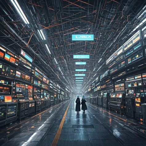 a Linux penguin is standing in a modern data center. everything is very colorful and modern. It is very abstract. depth of focus...