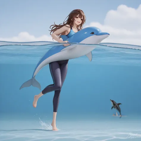  An Asian woman,  25 years, smiling, long brown hair,  brown pupils , beautiful, wearing a top a blue sports pants ,  4k, swimmi...