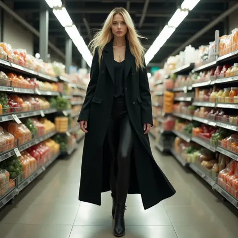 Black coat, blonde, grocery shopping 