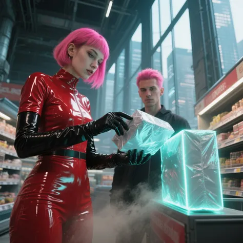 Close-up in the cyber supermarket: A woman in red latex and black rubber gloves checks a glowing package, her partner with neon ...
