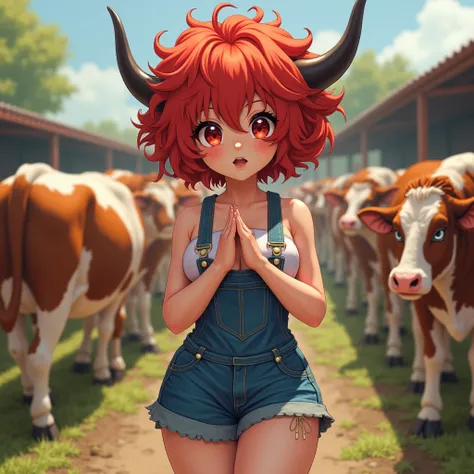 ((artist: afrobull)) red hair, fluffy hair, spikey hair, short hair, dark cow horns, red eyes, long eyelashes, enormous breasts,...