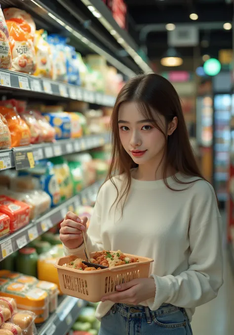 in front of the supermarket shelf where the colorful products are lined up、A woman in her 30s who patiently waits for a sticker ...