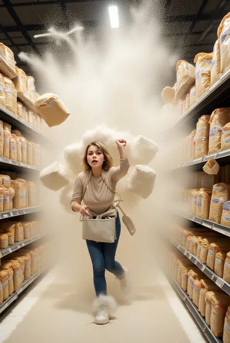 Guin, woman, 25 years old, shopping in a supermarket aisle, caught off guard as multiple flour bags tumble from a shelf toward h...
