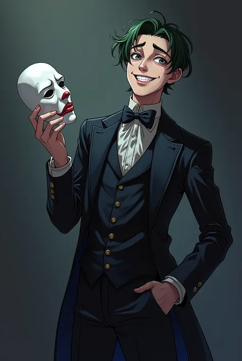 Anime style illustration of a slim adult male with a theatrical jester aesthetic. Wearing elegant but worn dark clothing with su...