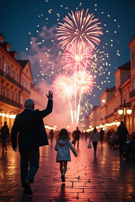 A festive New Year's Eve setting in an illuminated square. No centro, a friendly old man waves goodbye as he walks away, and a b...
