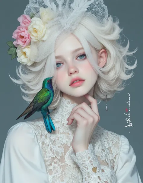 . This is a photorealistic and highly detailed work of digital art that presents the portrait of a beautiful albino woman, very ...