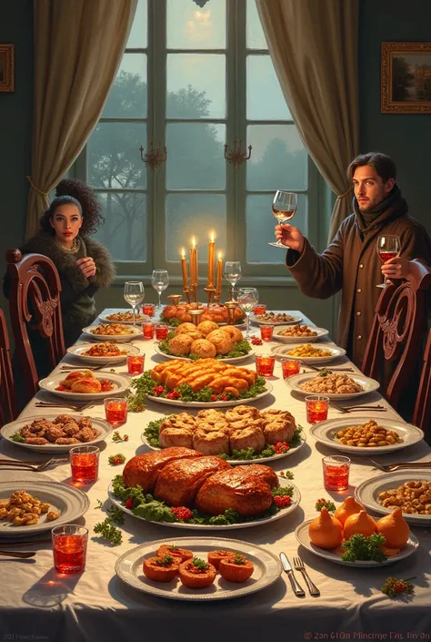 Draw a festive feast at the end of the year, lots of delicious food on the table, there is wine on the table, has soft drinks on...