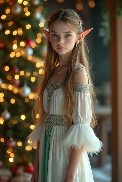 Ultra-realistic full-body portrait of a slender 17-year-old elf girl, natural and realistic proportions, delicate youthful appea...