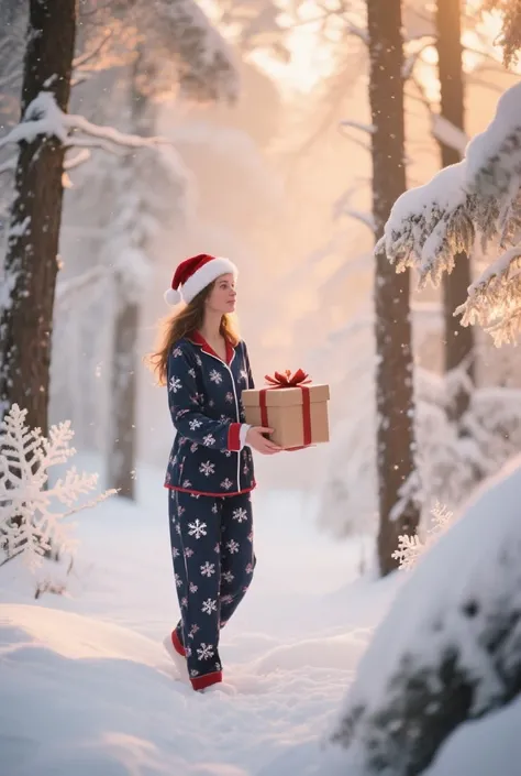 Realism；Mixed Beauty； Christmas pajamas ；snowy forest； delivering you a gift；4k； high quality 