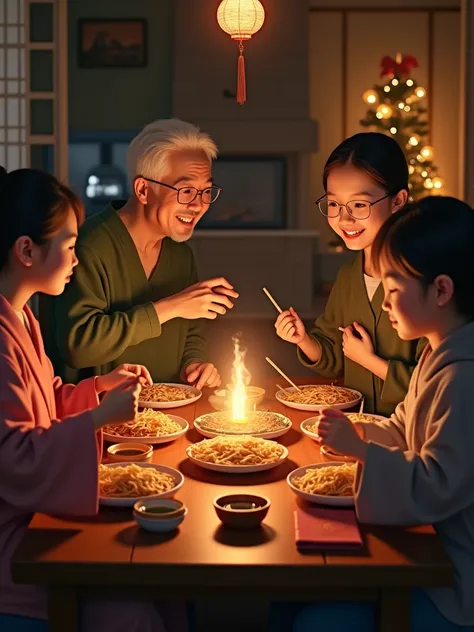 photorealistic、masterpiece、top quality、High Precision、8K、texture like real skin、New Year's Eve Night、Family gathering at parents...