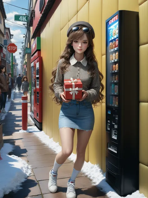  pretty young woman, (((at snow place))), ((( holding a big gift box))), ((( yellow  bamboo wall, vending machine, stop sign pos...