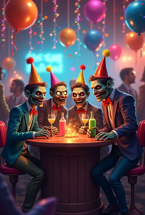 Erstelle bild.
funny zombies are sitting at a counter on New Year's Eve and partying. The zombies are dressed for New Year's Ev...