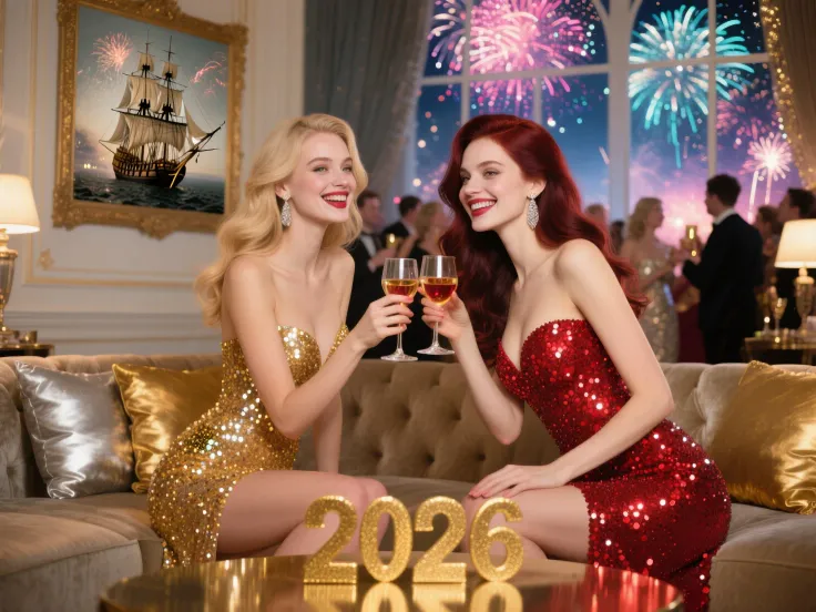 (masterpiece) 2 women in the foreground,they're a couple toasting to the new year in a crowded luxury room, new year party. Both...