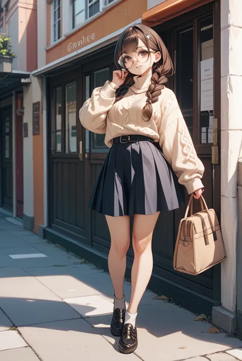2 loose knots、dark brown hair、dark brown eyes、Round glasses、thick cable knit sweater、skirt、 full body depiction