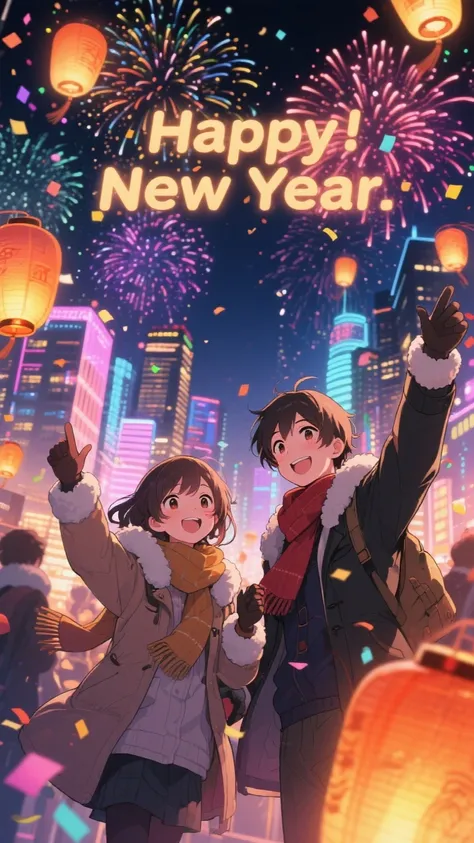 (masterpiece, best quality, ultra-detailed, anime style), joyful anime illustration of a vibrant New Year celebration, colorful ...