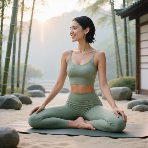 A tranquil, incredibly detailed lifestyle photograph of a beautiful Latina woman practicing yoga in a minimalist Japanese Zen ga...