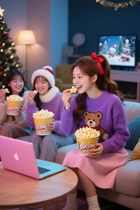 A young Korean girl in her early 20s wearing a stylish purple Christmas sweater with a cute teddy bear design and a high-waist p...