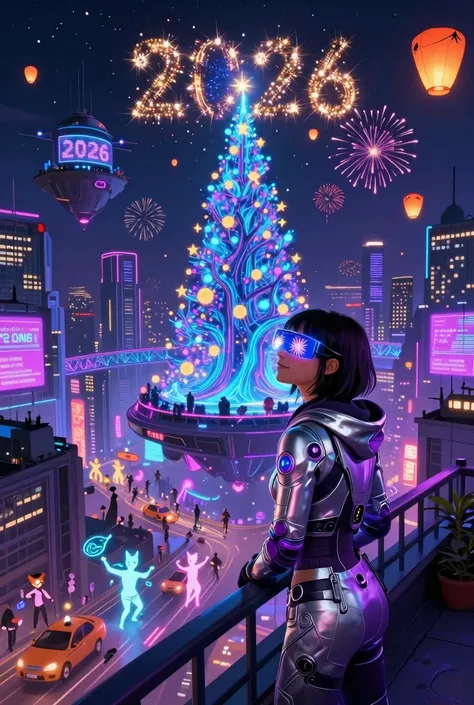 *"A vibrant, neon-drenched cyberpunk cityscape at the exact moment of midnight, celebrating the arrival of 2026. The skyline is ...